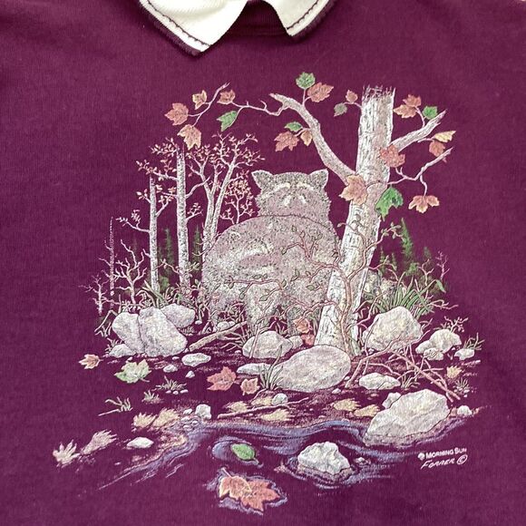 Vintage 90s 80s Morning Sun Purple Cat Fox Forest Collared Sweatshirt Large - Picture 11 of 12